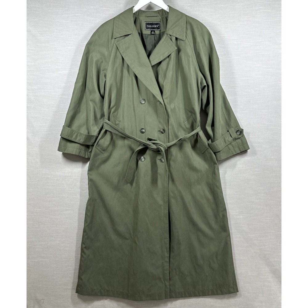 Vintage Gallery Jacket Womans 12 Green Trench Coat Duster Double Breasted Belted